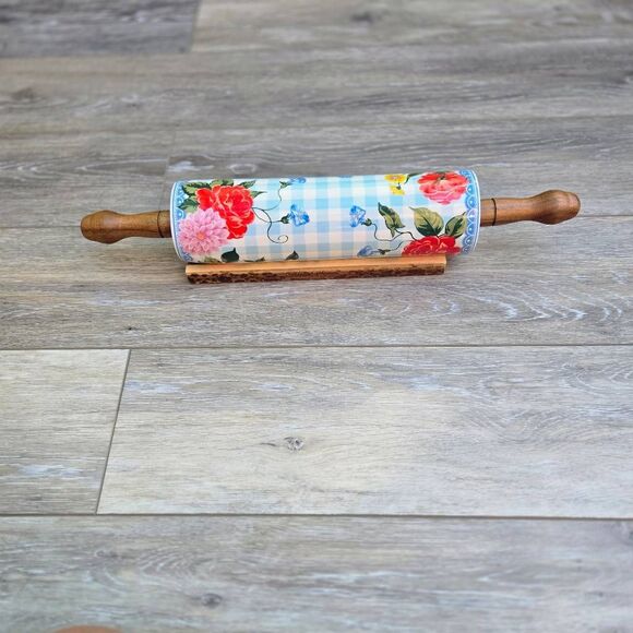 The Pioneer Woman Sweet Rose Ceramic Rolling Pin blue white check w/ floral rare - Picture 11 of 12